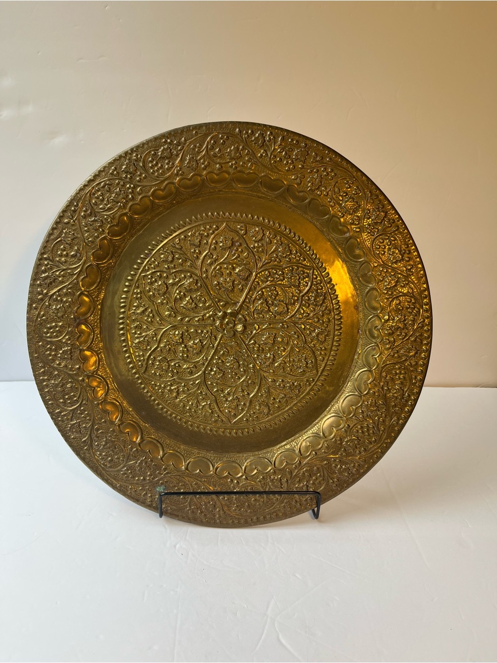 Vintage 14" Ornate Etched Brass Display Tray, Moroccan/Persian Boho Decor